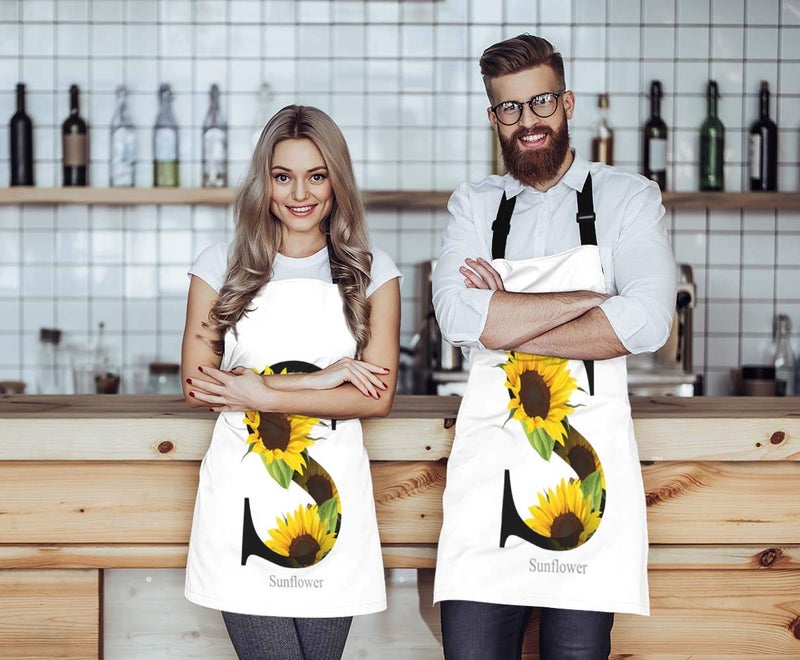 WONDERTIFY Letter S Apron,Alphabet with Sunflower White Background Bib Apron with Adjustable Neck for Men Women,Suitable for Home Kitchen Cooking Waitress Chef Grill Bistro Baking BBQ Cobbler Apron - Image 2
